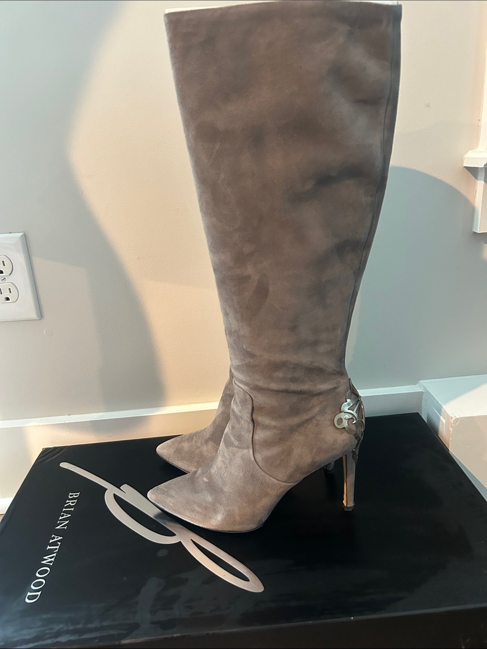 Brian Atwood Gray Suede Stiletto Boots with metal heel detail